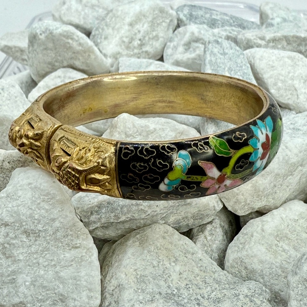 Vintage Cloisonné Twin Dragon Bangle Bracelet Black Enamel Floral 2.5” - Picture 13 of 17